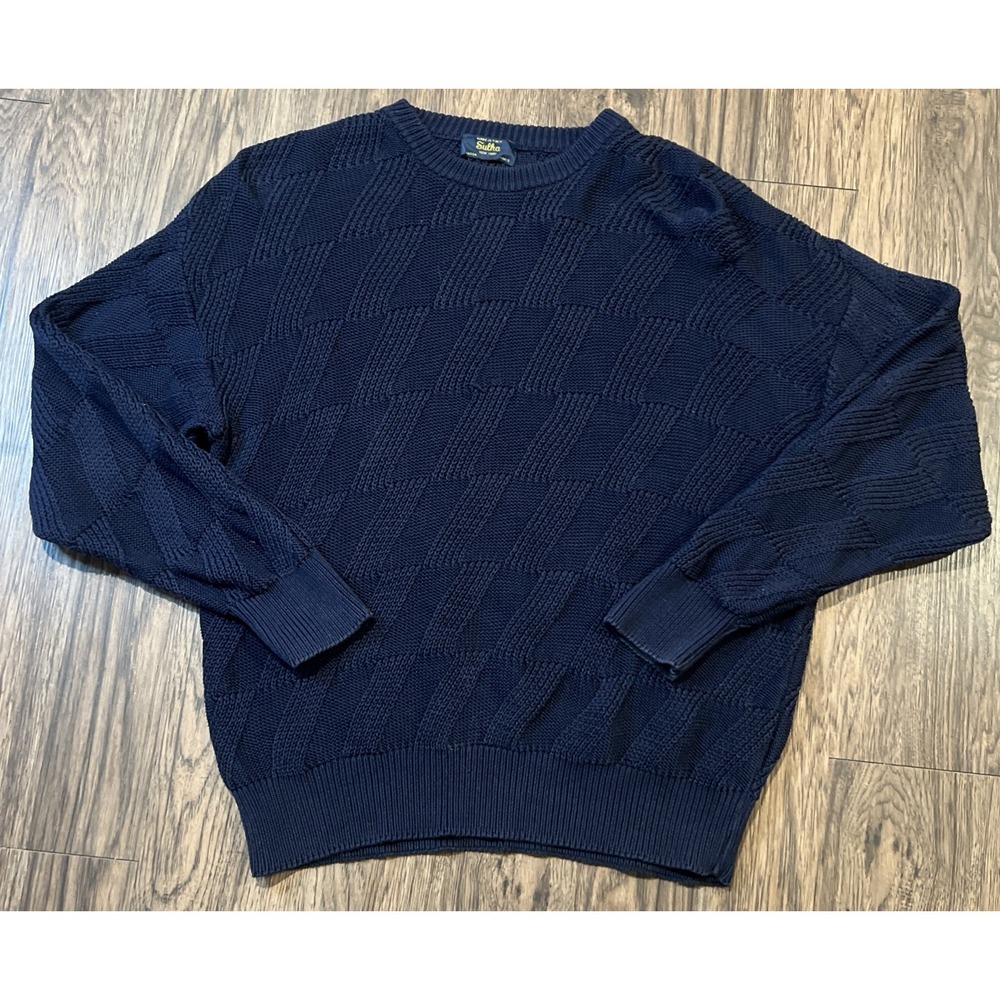 SULKA 100% Cotton Cable Knit Sweater Crewneck Pullover Color navy Size XL